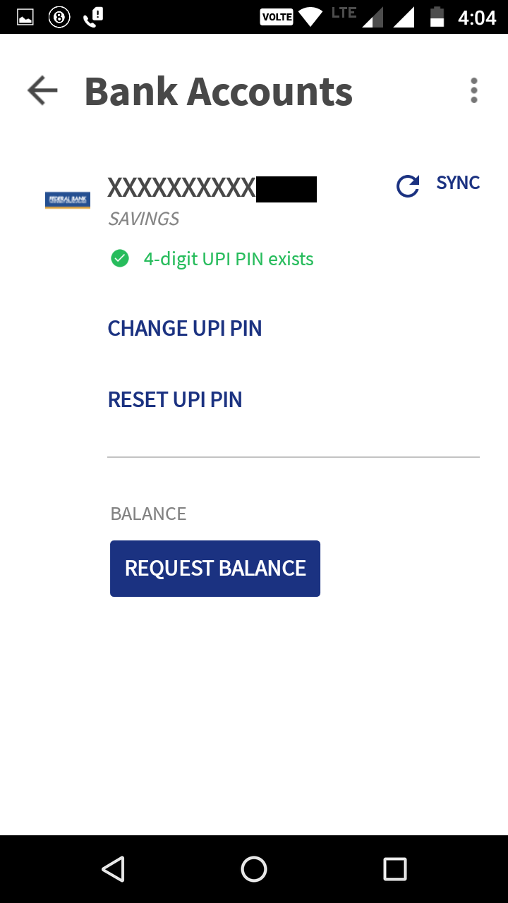Once your mobile number is successfully verified, your Bank Account will be displayed on screen. Click on Reset UPI Pin to Reset PIN for the first time
